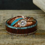Wavy Moissanite Engagement Ring, Rosewood, Turquoise, & Antler