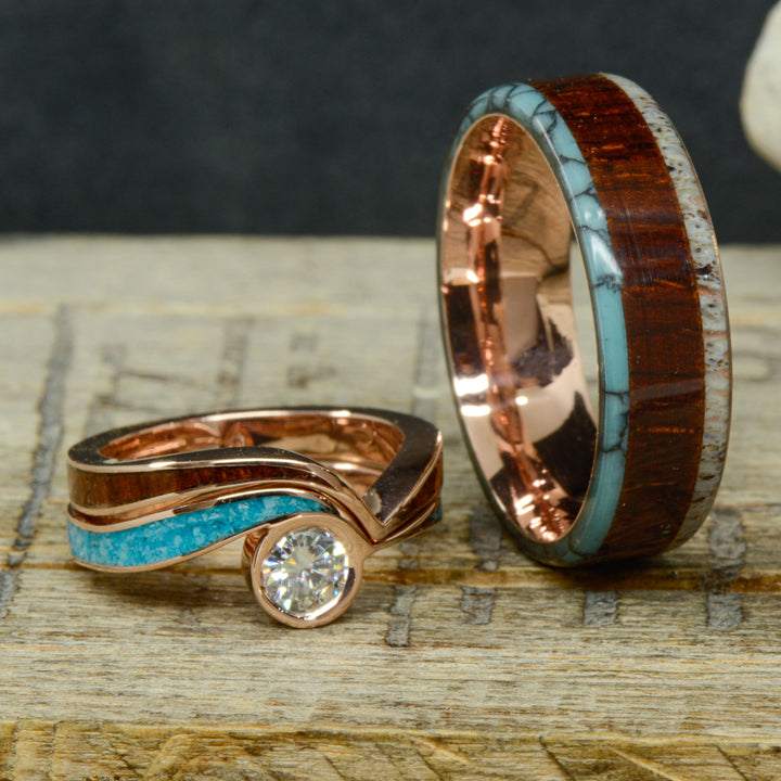 Wavy Diamond Engagement Ring, Rosewood, Turquoise, & Antler