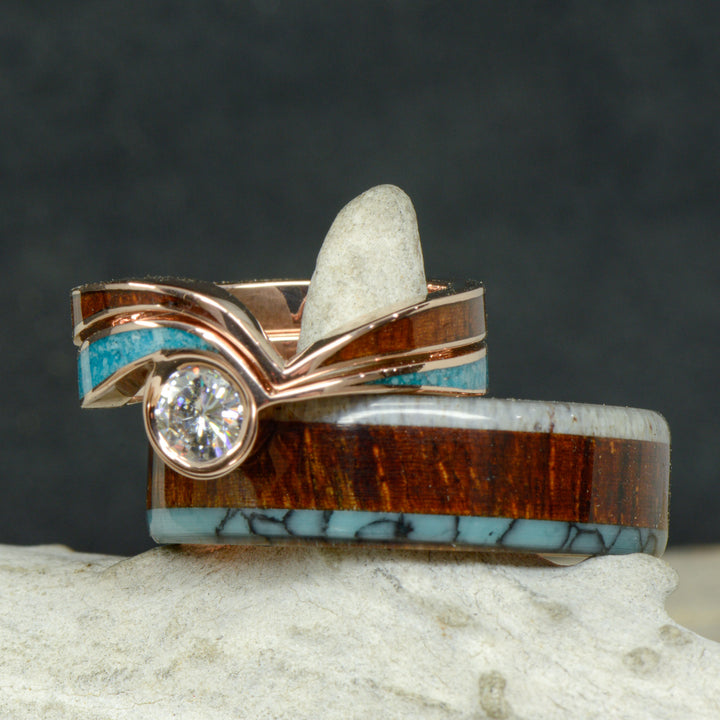 Wavy Diamond Engagement Ring, Rosewood, Turquoise, & Antler