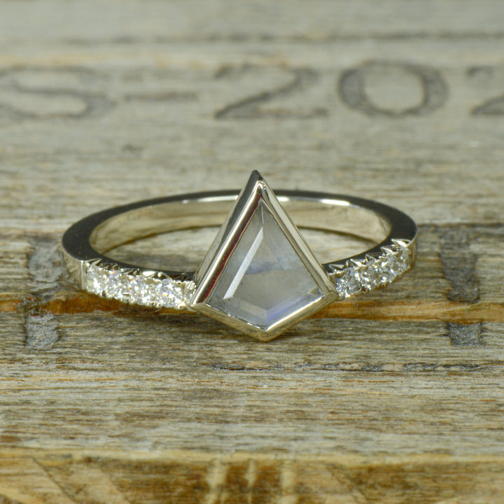 Kite Moonstone Engagement Ring with Diamond Accents & Etched Muonionalusta Meteorite V-Ring