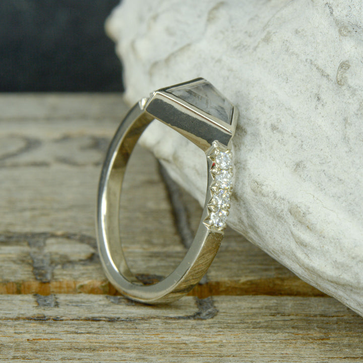 Kite Moonstone Engagement Ring with Diamond Accents & Etched Muonionalusta Meteorite V-Ring