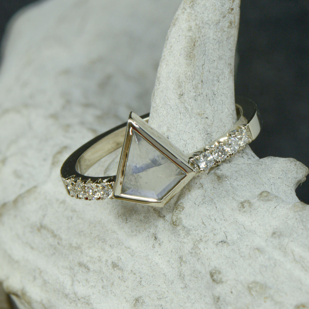 Kite Moonstone Engagement Ring with Diamond Accents & Etched Muonionalusta Meteorite V-Ring