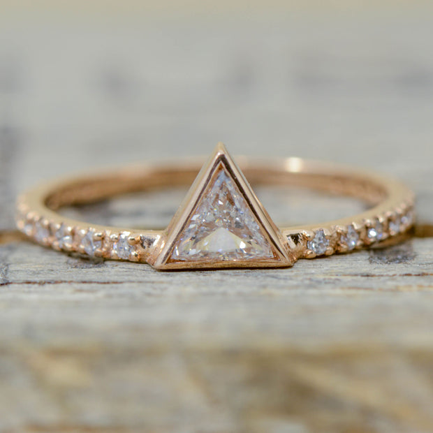 Gold Triangle Diamond with Aquamarine Split Stacking Band