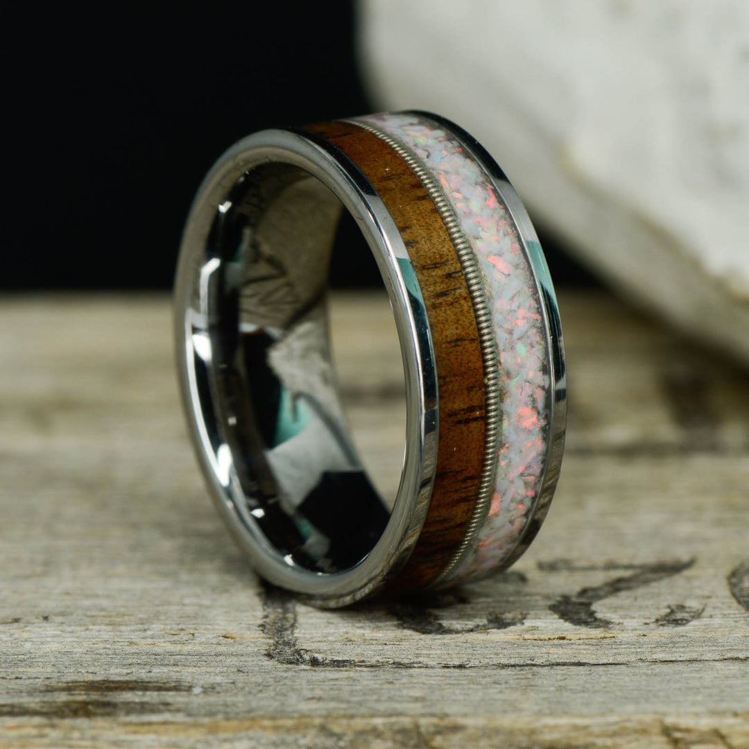 Koa Wood, White Opal, & Guitar String in Tungsten or Ceramic Channel