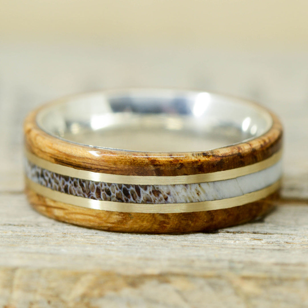 Whiskey Barrel Wood, Yellow Gold, and Elk Antler Inlays