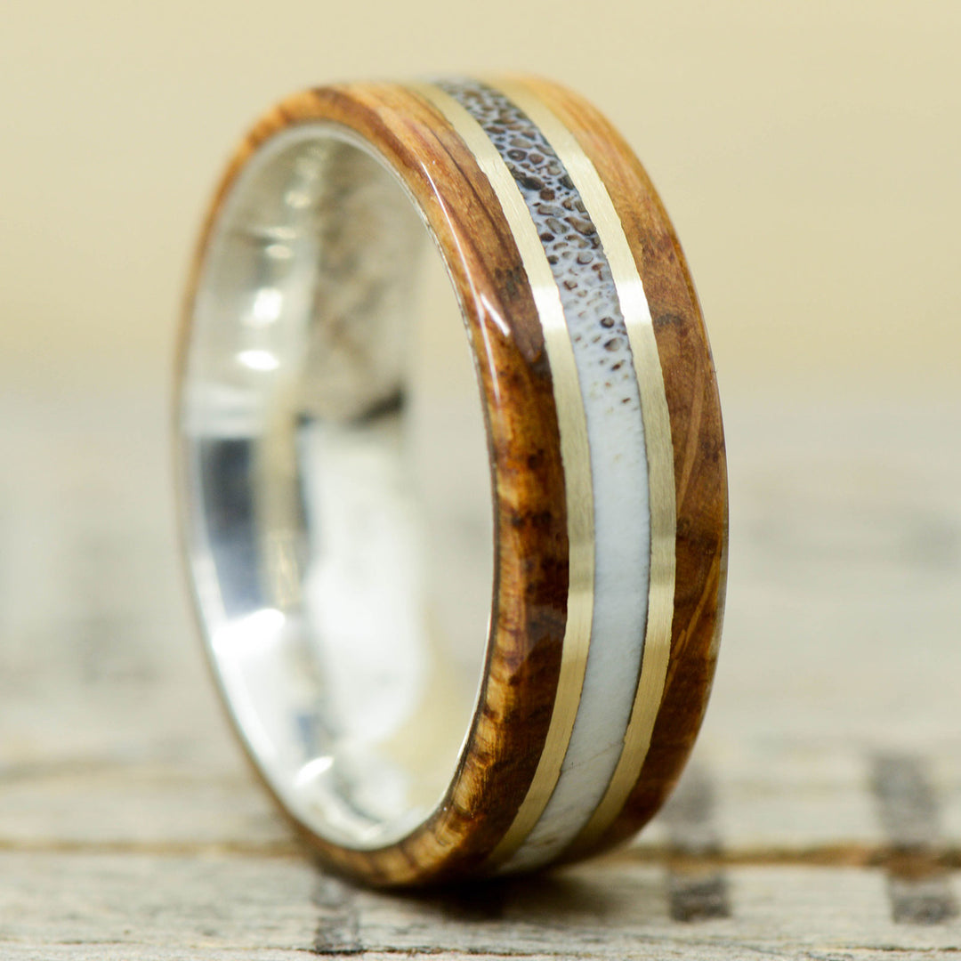 Whiskey Barrel Wood, Yellow Gold, and Elk Antler Inlays