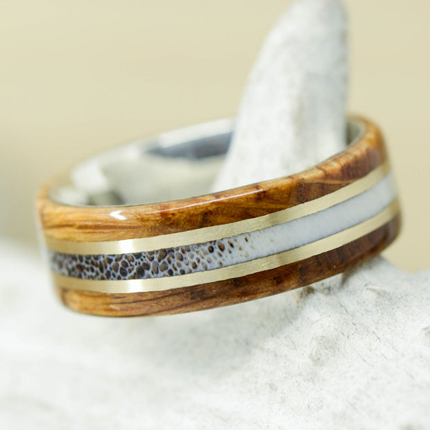 Whiskey Barrel Wood, Yellow Gold, and Elk Antler Inlays