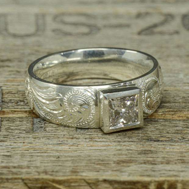 Moissanite Signet Ring with Western Engravings
