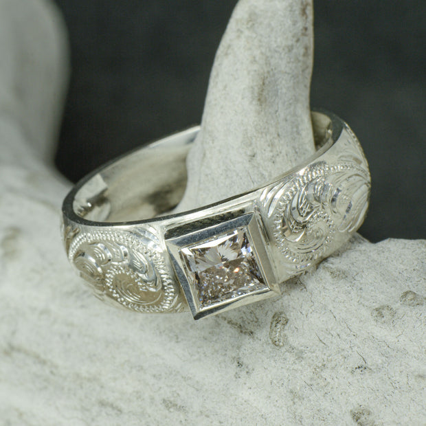 Moissanite Signet Ring with Western Engravings