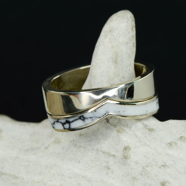 Gold White Marble V-Ring with Stacking Band