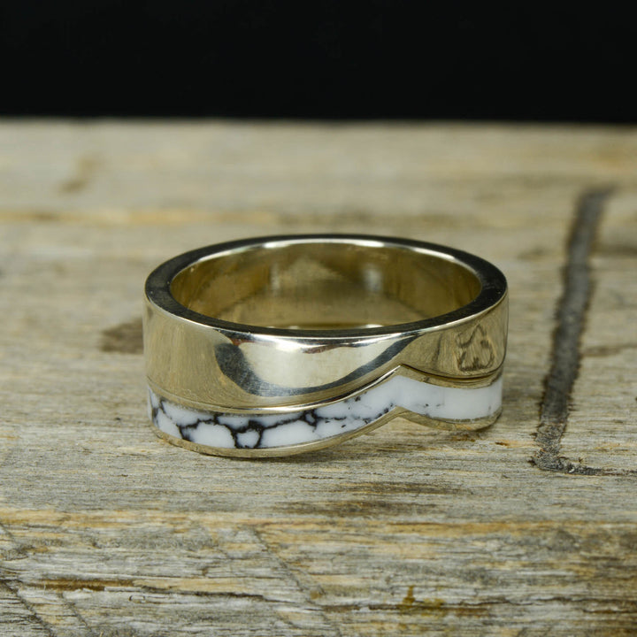 Gold White Marble V-Ring with Stacking Band