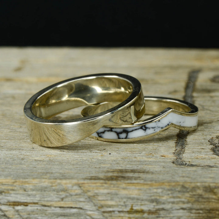 Gold White Marble V-Ring with Stacking Band