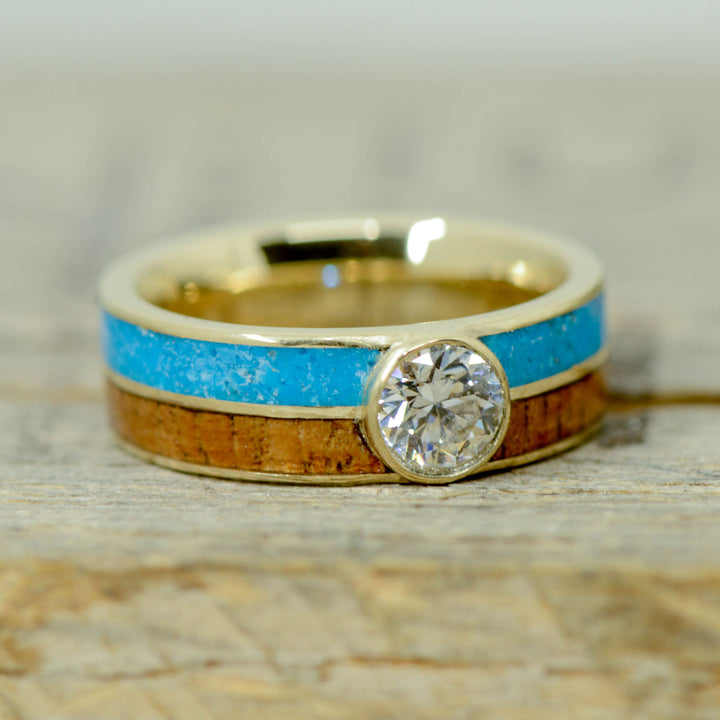 Gold or Silver, Round Diamond, Koa Wood, & Turquoise