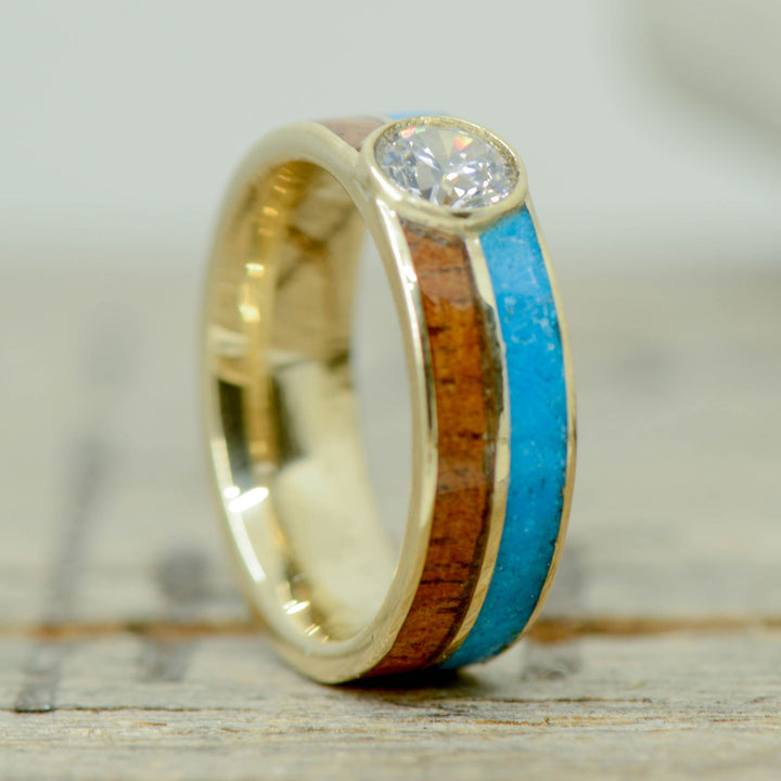 Gold or Silver, Round Diamond, Koa Wood, & Turquoise