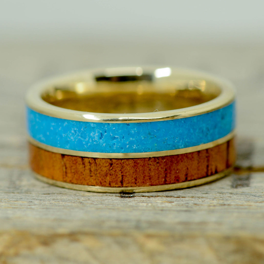 Gold, Koa Wood, Turquoise Inlays