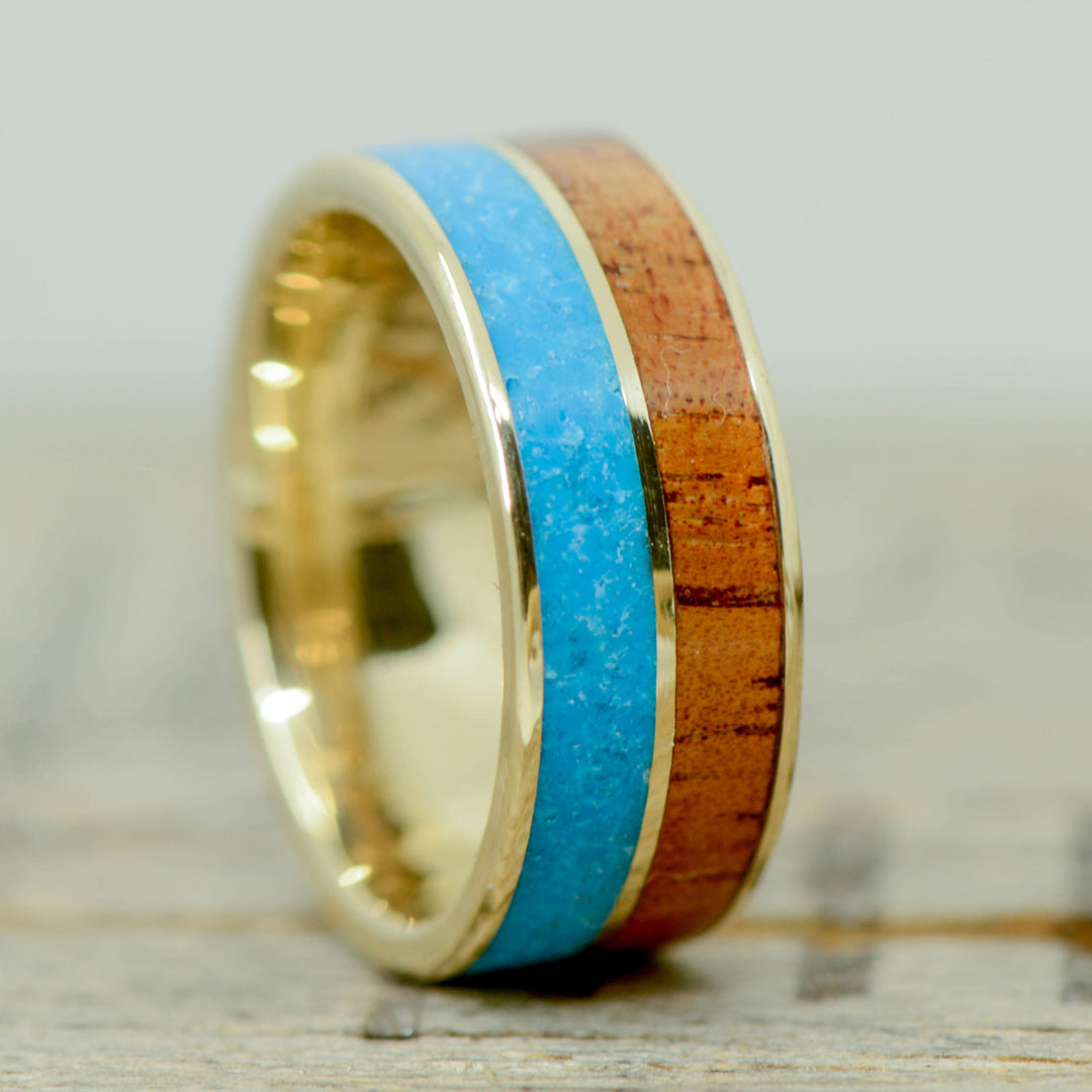 Gold, Koa Wood, Turquoise Inlays