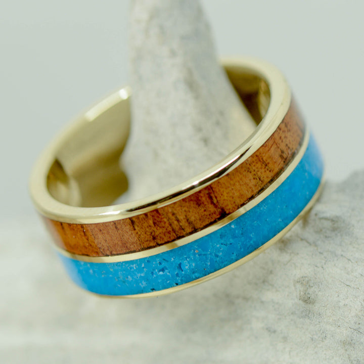 Gold, Koa Wood, Turquoise Inlays