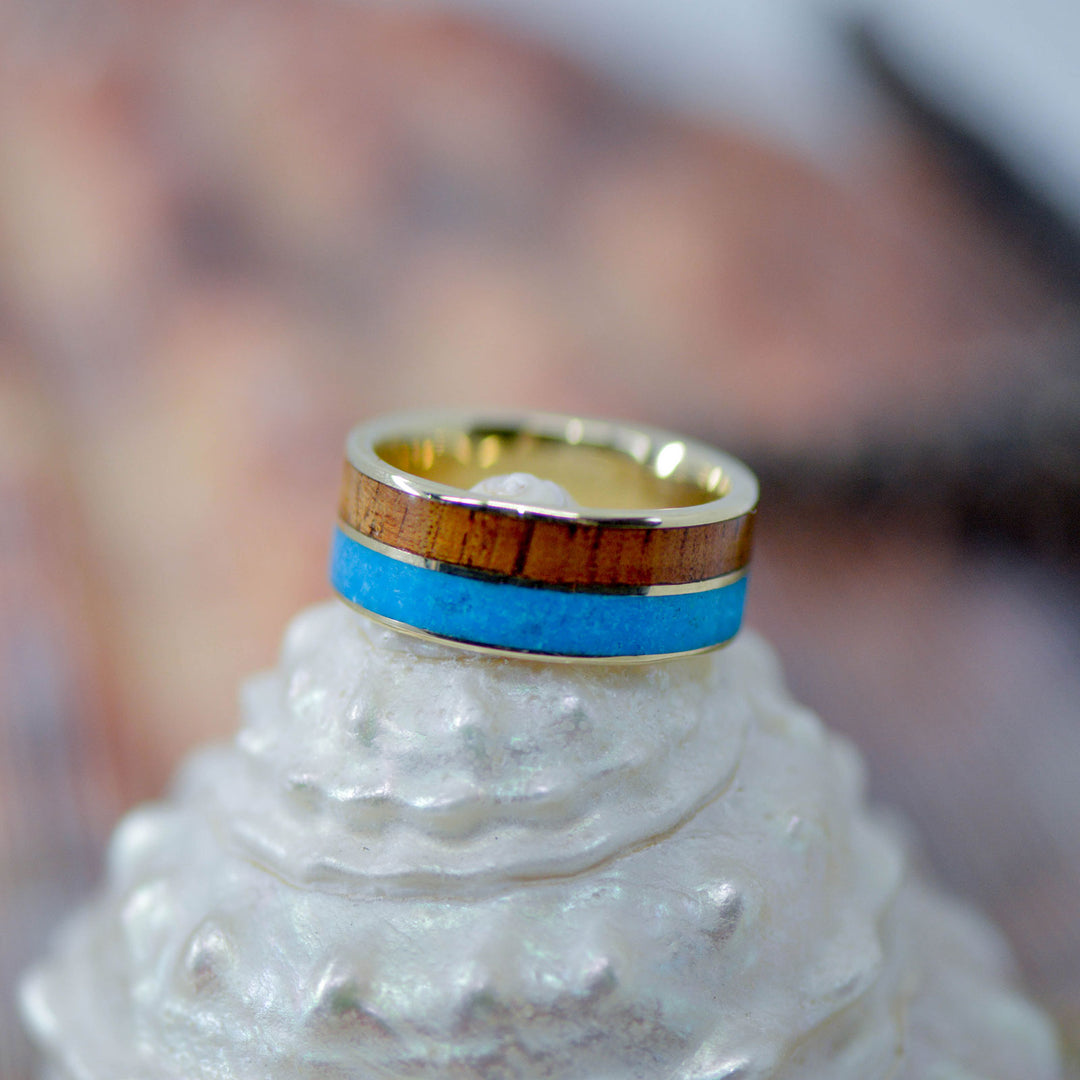 Gold, Koa Wood, Turquoise Inlays