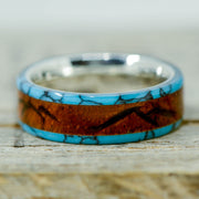 SALE RING - Silver, Turquoise & Rosewood with Engraved Mountains - Size 10