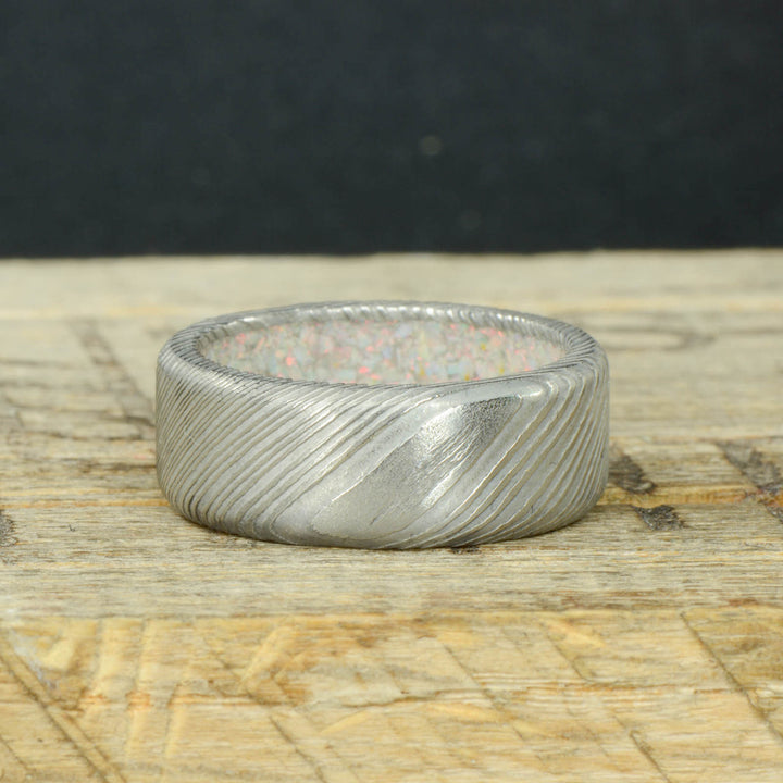 Matte Damascus Steel & White Opal Sleeve