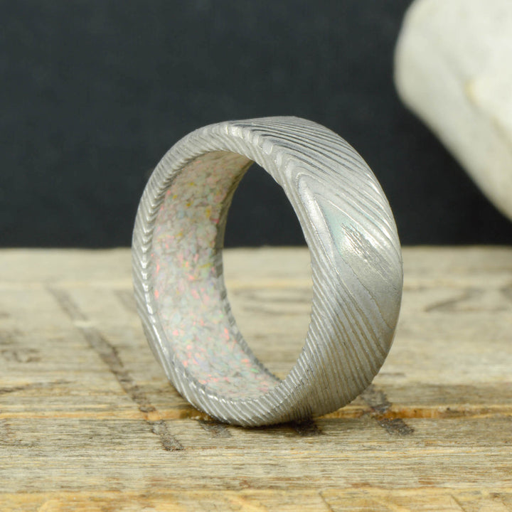 Matte Damascus Steel & White Opal Sleeve