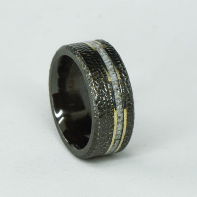 SALE RING -  Hammered Black Zirconium, White Gold, & Antler - Size 5.75