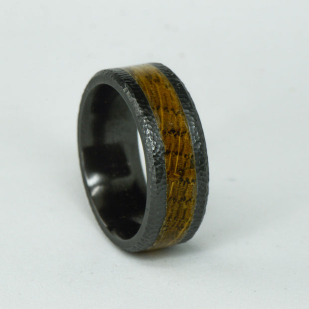 SALE RING -  Hammered Black Zirconium and Whiskey Barrel Wood - Size 8.5