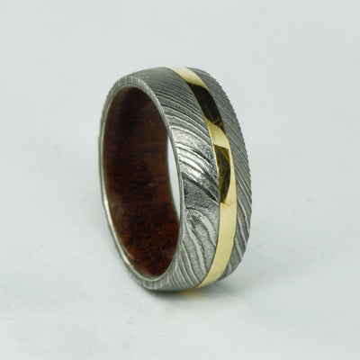 SALE RING -  Polished Damascus Steel, Yellow Gold, and Walnut  - Size 8.75