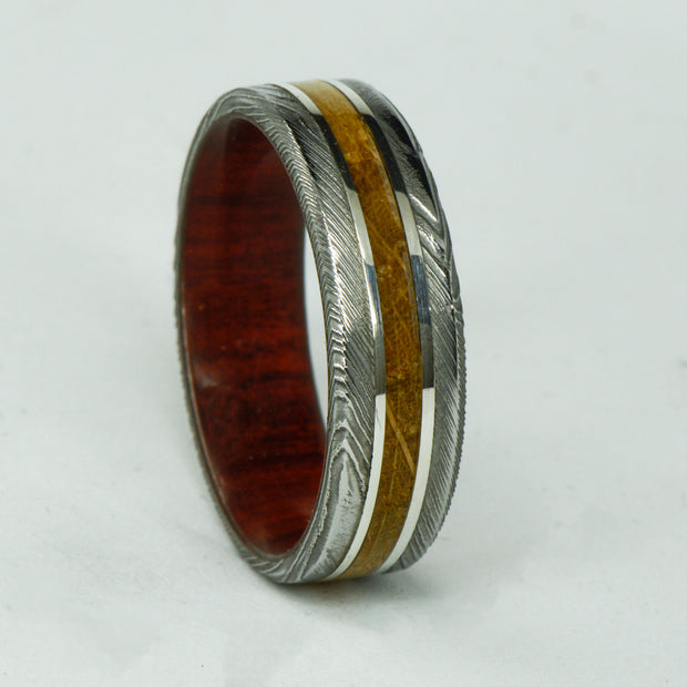 SALE RING -  Polished Damascus Steel, Silver, Whiskey Barrel Wood, & Bloodwood  - Size 13