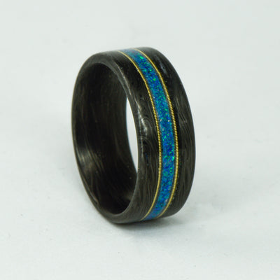 SALE RING - Forged Carbon Fiber, Blue Opal, & Guitar Strings - Size 7.75