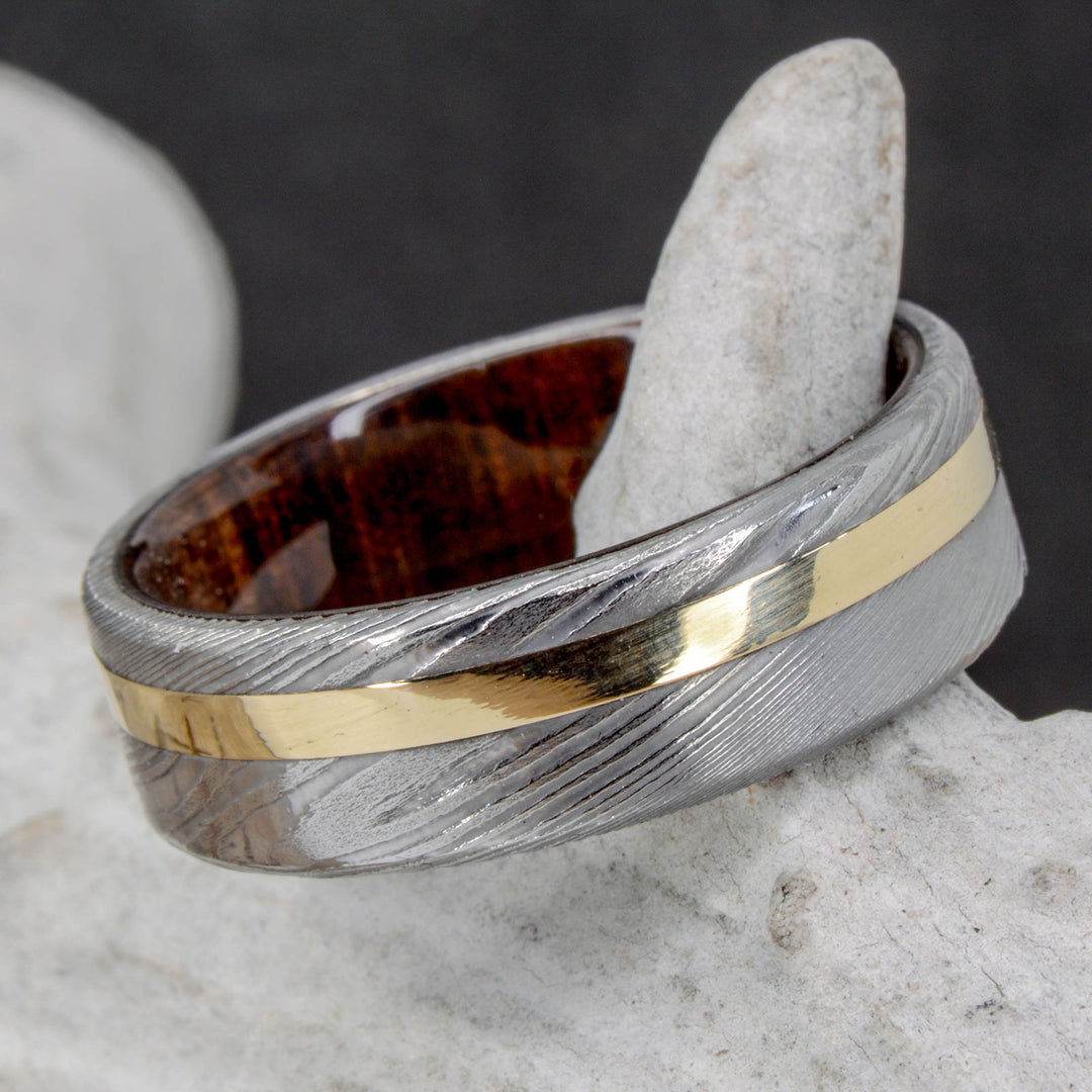 Polished Damascus Steel, Yellow Gold, Walnut Wood