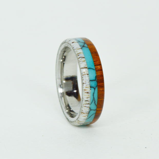 SALE RING -  Stainless Steel, Antler, Turquoise, & Ironwood - Size 8.75